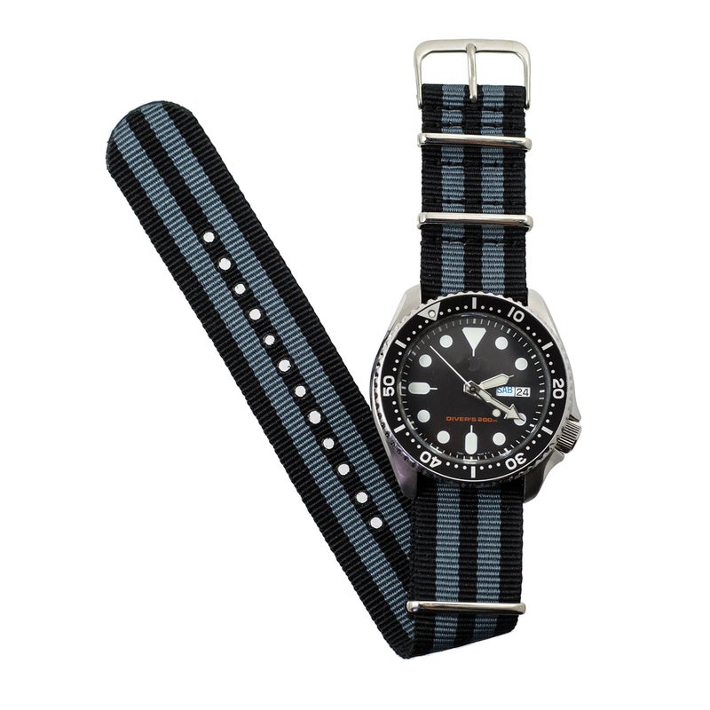 Benchmark Basics Nylon Watch Band - Waterproof Ballistic Nylon One-Piece Military Watch Straps for Men & Women - Choice of Color & Width - 18mm, 20mm, 22mm or 24mm (20mm, Black/Grey Bond Striped) - Image 5